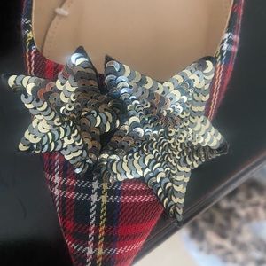 JCrew, 3 inch, plaid heels with gold, sequin stars. Size 9.5